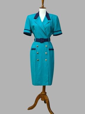 Vintage Petite Sophisticate Midi Dress Size 10P Double-Breasted Belted Dress